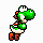 Green dinosaur character with white underbelly and orange feet in multiple pixelated poses showing movement from standing to crouching.