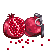 Pixelated pomegranate split open with seeds scattered, rendered in red and white tones on gray background.