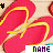 Red flip-flops with yellow straps on a light background, featuring pixelated text at the bottom.