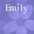 A static image of a repeating pattern featuring light purple flowers with white text 'Emily' and small heart symbols above each flower.