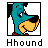 Pixel art icon of a teal cartoon character holding a yellow object with black accents, framed by a thin black border on white background, with "Hhound" text below.