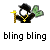Pixelated character in black attire with gold accessories holding a yellow-tipped staff and green leafy object against gray background.