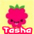 Pixelated pink raspberry-shaped character with green leaves, smiling face, and 'Tasha' text below in red or pink background.