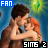 Two figures embrace under a blue sky with green foliage; text elements display 'FAN' and 'SIMS 2' in different colors.