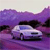 Pixelated image of a white sedan on a purple background with dark shapes resembling hills or structures.