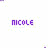 Pixelated text 'NICOLE' in purple appears repeatedly across a white background with scattered small purple fragments.