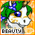 Pixelated cartoon unicorn head with green mane, blue bow, and blue eye, set against orange background with text "BEAUTY" below.