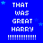 Blue background with repeated white text "THAT WAS GREAT HARRY" and dotted lines, scattered light blue stars, gray rectangle in bottom-right corner.