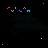 Pixelated text and symbols in multicolor on black background with scattered small shapes.