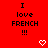 Red background with black text reading 'I love FRENCH !!!' and two white pixelated hearts at the bottom, one heart slightly larger than the other.