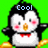 Pixelated penguin with black head, white body, red bow tie, and orange feet against green background; blue text "Cool" above its head.