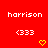 Red background with repeated white text 'harrison' and '<333', yellow heart symbols, and downward-pointing arrows in a