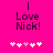 Bright pink background with dark purple text reading "Love Nick!" and five white pixelated hearts below, one heart is light pink.