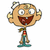 Pixelated cartoon character with light brown skin, wide eyes, and a large open mouth showing red tongue and teeth; wearing green scarf, red shirt, teal pants.