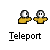 Pixelated icon set with yellow hands holding white spheres, gray and white silhouettes, and 'Teleport' text below each arrangement.