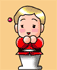 Animated cartoon character in red outfit with blonde hair, shown across four frames with varying props and background elements on a peach-colored backdrop.