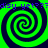 Four identical green and dark blue spiral patterns arranged in a with repeating purple text above and below the spirals