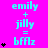 A bright pink background displays repeated text 'emily + jilly = bfflz' in cyan, with black star symbols changing in quantity across three vertical