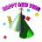 Animated 'Happy New Year' icon with green and blue party hats, stars, confetti, and text arched above.