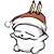 Two pixelated animated frames of a white cartoon character wearing a brown and white Santa hat with two feather-like decorations on top, shown in different poses against a gray background.