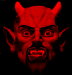Red devil face with horns and pointed ears appears above a red question mark on black background.