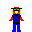 Pixelated character with red hat, green goggles, yellow hair, blue pants, and red/black top in multiple poses against gray background.