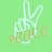 Pixelated green background with white peace sign hand gesture and brown text reading 'peace' below.