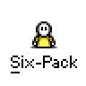 A contact sheet of 8 animated frames showing a pixelated stick figure character with changing poses and visible six-pack abs, each labeled "Six-Pack" below the icon.