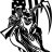 Pixelated grayscale figure with flowing hair, holding a long curved object, standing against white background.