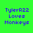 Four display blue text on green background with red bars shifting across lines; text reads 'TylerR22 Loves Monkeys' with red bars covering different lines in each