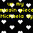 Black background with scattered white pixelated hearts and yellow text reading 'ur my missin piece' and 'Michaela ily' repeated in multiple