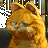 A pixelated orange cat with closed eyes and a relaxed expression, positioned against a blurred background with vertical lines and scattered dark pixels.