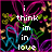 Pixelated text reads 'i think im in love' over a black background with colorful heart shapes and small yellow flowers.