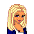 Pixelated cartoon woman with blonde hair, blue jacket, white shirt, and jeans; red heart with 'Love You' text.