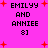 Pixelated text 'EMILY AND ANNIE 8]' on bright pink background with red plus signs, two identical copies side-by-side.