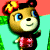 Pixelated cartoon animal with brown fur, blue eyes, and a red bow on its head, wearing a red dress with white patterns against a split background of red and turquoise.
