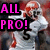 Pixelated image with bold pink text "ALL PRO!" on black rectangles over a blurred figure in white and red attire.