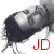 A grayscale image of a person with closed eyes and dark hair, overlaid with red text reading 'happy' at top right and 'JD trail' below.