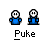 Pixelated blue-shirted figures with white faces and black outlines, each holding a yellow-green object that changes position across frames.
