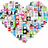 Heart-shaped collage of colorful musical notes and symbols on white background, adjacent to bright pink with pixelated text