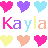 Pixelated heart and name design with repeating 'Kayla' text in pastel colors on white background.