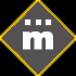 Two diamond-shaped icons with yellow borders and gray backgrounds display 'm' and 'ä' symbols, next to pixelated text reading 'HÄ?UPS AH' on a black background.