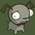 Pixelated character with large white eye, small black pupil, and closed eyelid on opposite side; light gray body, red collar, brown tail-like appendage; dark green background.