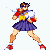 Pixel art character in boxing stance with red gloves, yellow shirt, purple skirt, and red shoes, shown in multiple repeated poses.