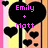 Pixelated heart-themed icon with pink text reading 'Emily + Matt' and 'Forever', black hearts on striped background.