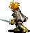 Pixelated character with spiky blonde hair holding a silver sword, shown in three side-view poses against gray background.