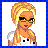 Pixel art buddy icon featuring a blonde woman with glasses and a white top, next to text reading "Briany Blonde" on a blue checkered border.