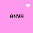 Pixelated pink background with four black 'ANYA' text blocks, white heart and starburst symbols at top corners, and a central pixel cluster.