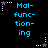 Pixelated blue text reading "Mal-functioning" on black background with white and gray star-shaped icons in corners.