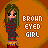 Pixel art icon of a girl with long green hair and brown eyes standing against an orange background, wearing a gray sweater with red stripes and yellow shorts, next to text reading "BROWN EYED GIRL" in pixelated white letters.